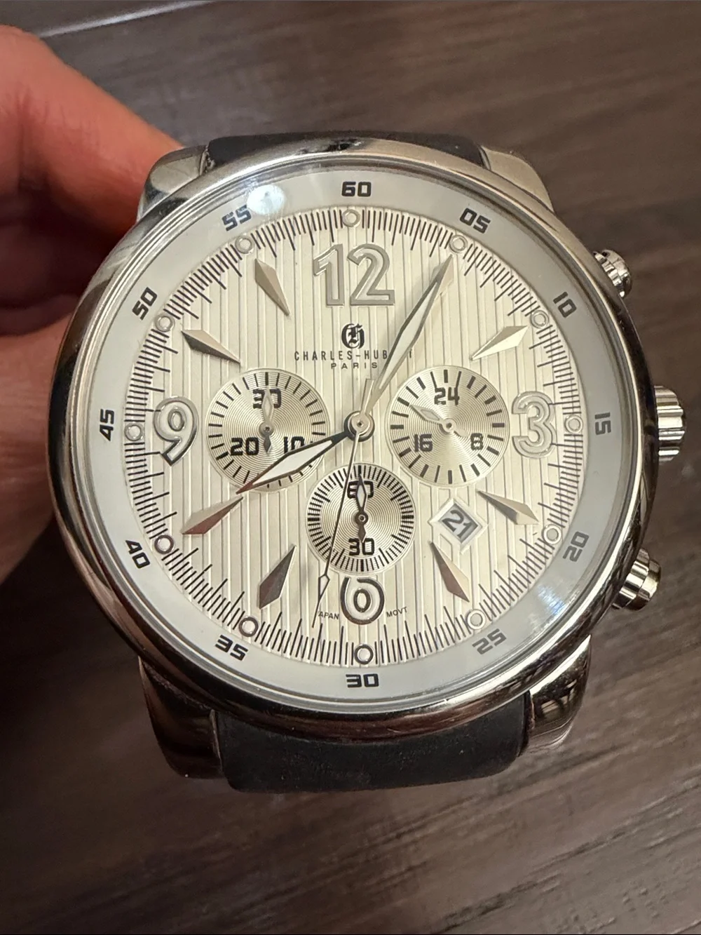 Men's Silver Chronograph Watch with Black Strap - Picture 1 of 15
